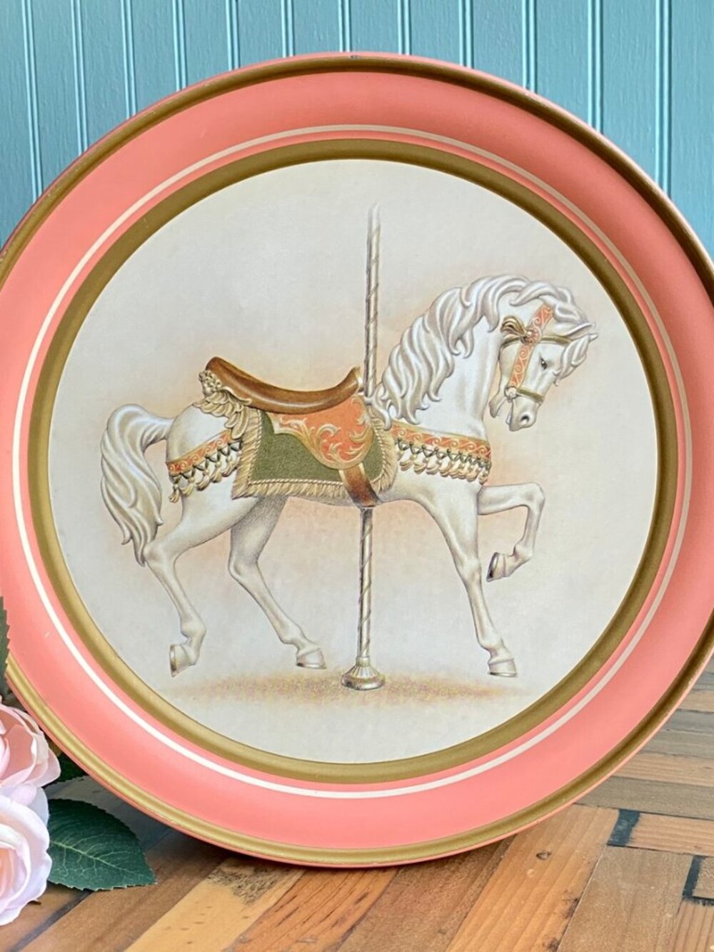 Vtg 1991 Lg Round Carousel Horse Decorative Tin